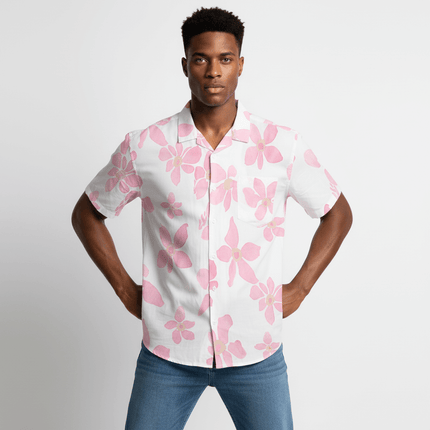 Pink Floral Short Sleeve Shirt – Loose Fit on a male model showcasing summer style.
