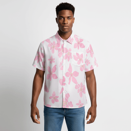 Pink Floral Short Sleeve Shirt – Loose Fit worn by a model, showcasing a pink and white floral design.