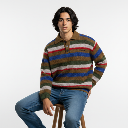 Loose Fit Stripe Polo Neck Sweater