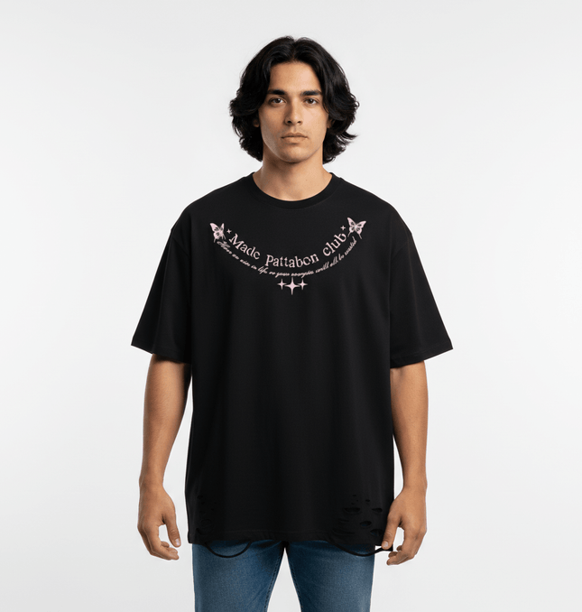 Butterfly Print TShirt – Loose Fit in black with distressed detailing and playful graphic design.