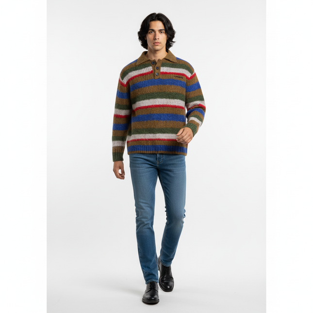 Loose Fit Stripe Polo Neck Sweater