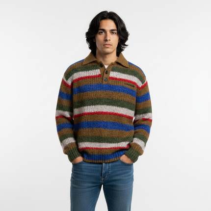 Loose Fit Stripe Polo Neck Sweater
