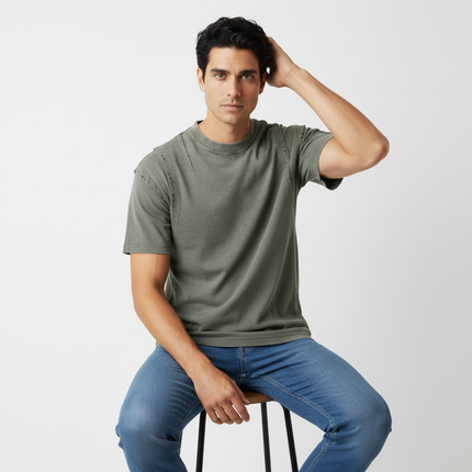 Washed Spliced Distressed TShirt – Loose Fit