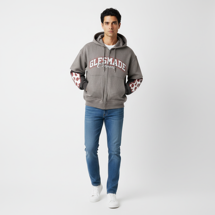 Faux Suede Print Zip-Up Hoodie – Loose Fit