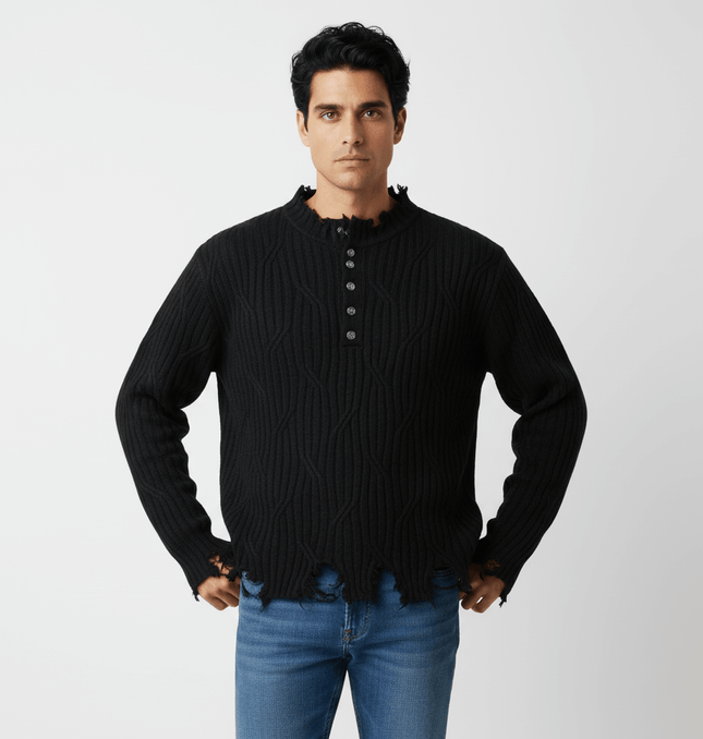 Ripped Hem Knit Cardigan – Loose Fit featuring a distressed hem and a relaxed fit model wearing a black knit cardigan.