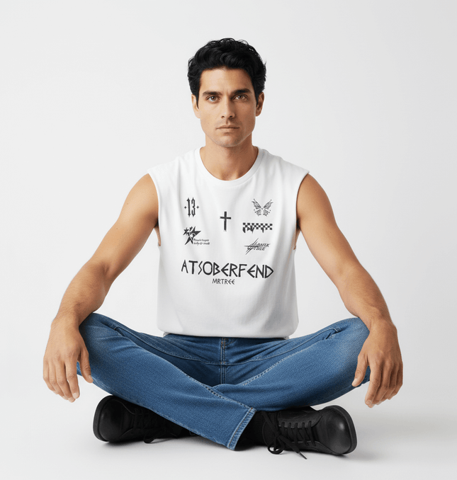 Letter Cross Print Tank Top - Loose Fit worn by a model, showcasing a trendy urban design and casual fit.