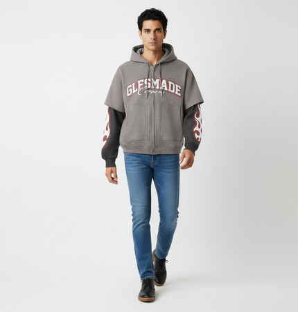 Faux Suede Print Zip-Up Hoodie – Loose Fit