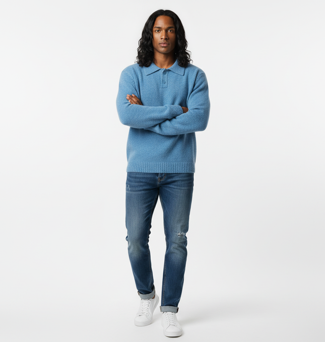 Polo Neck Knit Sweater - Loose Fit