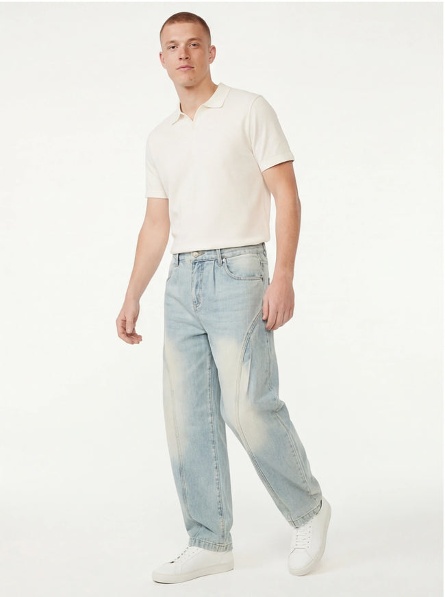 Model wearing Blue curved knife washed cowboy cleanfit by Grozavu