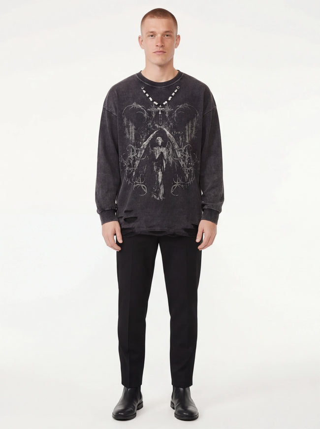 Model wearing Black cross pendant long sleeve sweater by Grozavu