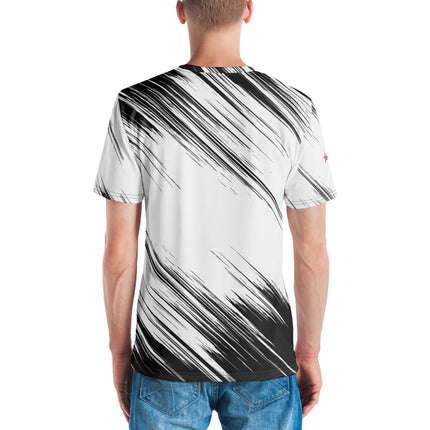 Man wearing Grozavu's organic relaxed cotton t-shirt with black and white streak pattern, showcasing a stylish modern back design.