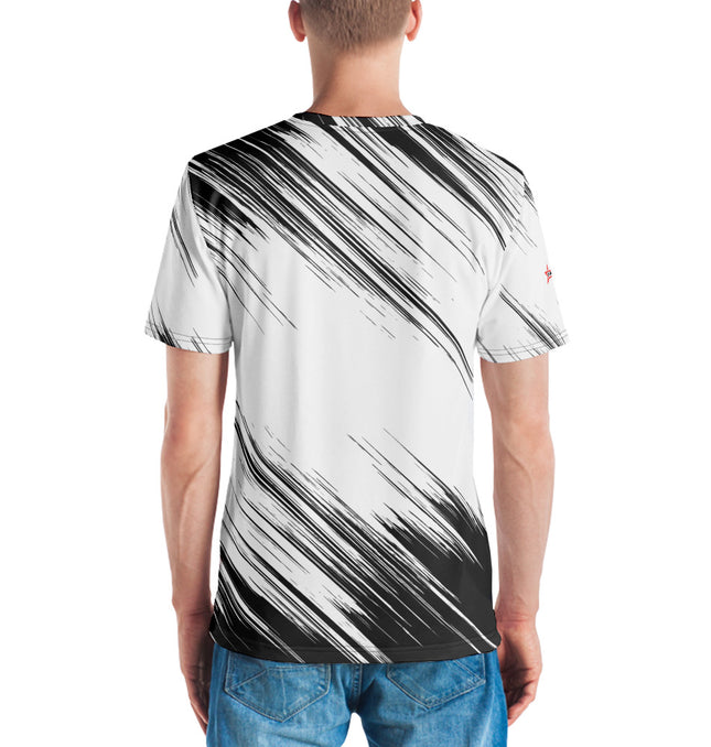 Man wearing Grozavu's organic relaxed cotton t-shirt with black and white streak pattern, showcasing a stylish modern back design.