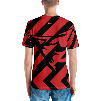 Man wearing a red and black graphic design premium cotton t-shirt while standing and facing away.