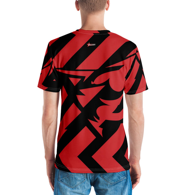 Man wearing a red and black graphic design premium cotton t-shirt while standing and facing away.