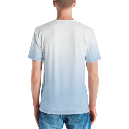 Rear view of person wearing a relaxed organic cotton t-shirt in light blue, showcasing casual and comfortable fashion.