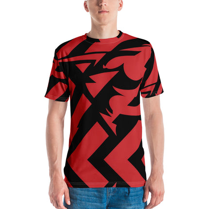 Man wearing a stylish red and black graphic cotton t-shirt standing against a plain background