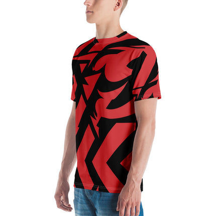 Man wearing Grave's Premium Cotton T-Shirt in red and black abstract design, showcasing a relaxed fit and organic cotton comfort.