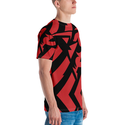 Man wearing vibrant red and black patterned premium organic cotton t-shirt, showcasing comfort and relaxed style for every occasion.