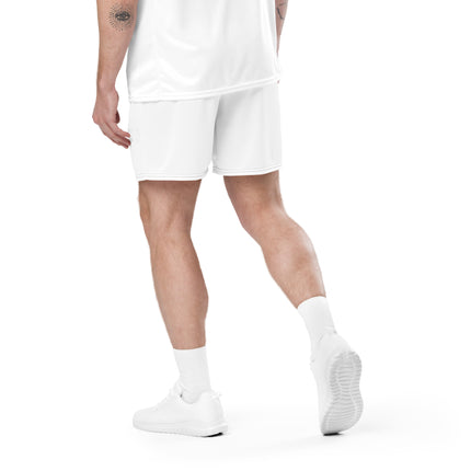 Man wearing UEFA Grozavu Mesh Shorts in white, showcasing comfort and relaxed fit for football fans. Made from breathable, high-quality cotton.