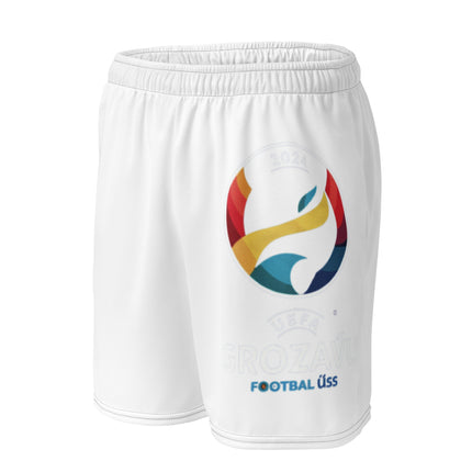 White UEFA Grozavu Mesh Shorts featuring colorful logo, made from organic cotton for a relaxed and breathable fit, perfect for football fans.