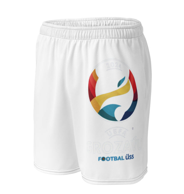 White UEFA Grozavu Mesh Shorts featuring colorful logo, made from organic cotton for a relaxed and breathable fit, perfect for football fans.