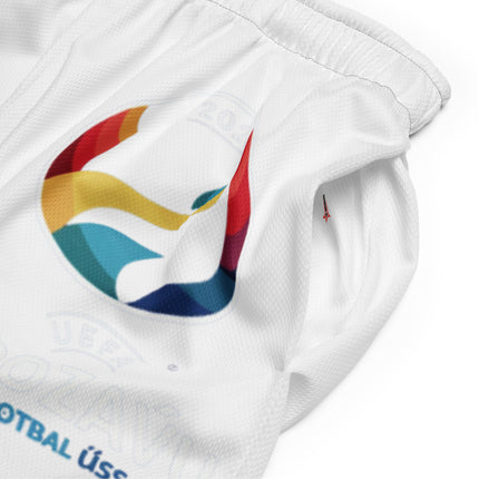 Close-up of UEFA Grozavu Mesh Shorts showcasing breathable, organic cotton material and colorful UEFA logo for ultimate comfort and style