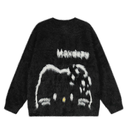 Regular Fit Animal Print Fleece Sweater featuring a unique black and white fuzzy design with playful animal motif.