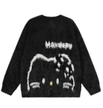 Regular Fit Animal Print Fleece Sweater featuring a unique black and white fuzzy design with playful animal motif.