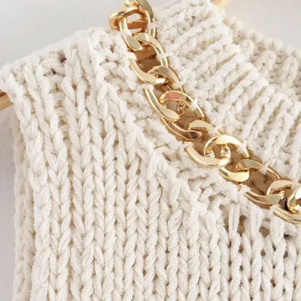 Asymmetrical Chain Knit Tank Top – Slim Fit featuring a decorative gold chain detail on textured ivory fabric.