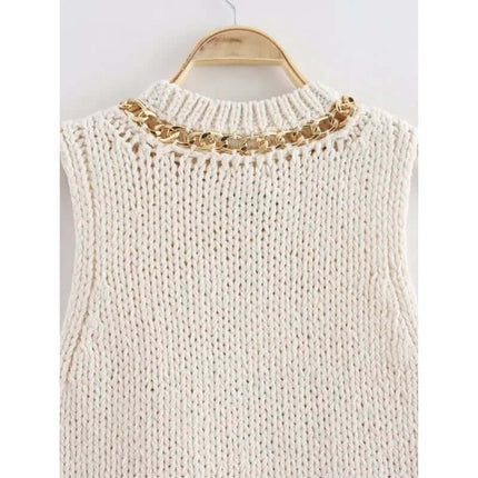 Asymmetrical Chain Knit Tank Top – Slim Fit back view showcasing the decorative metal chain detail.