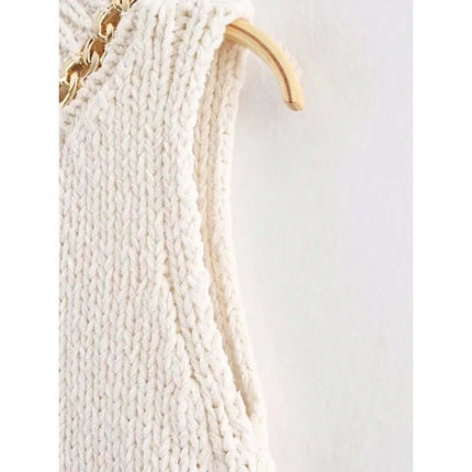 Asymmetrical Chain Knit Tank Top – Slim Fit showing detailed knitted texture and gold chain accent.