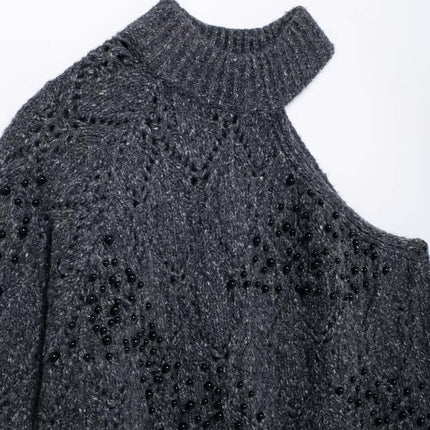 Asymmetrical Off-Shoulder Knit Sweater in gray with hollow bead decoration and half turtleneck collar.