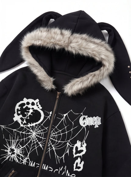 Back view of Black bunny network card long hooded by Grozavu