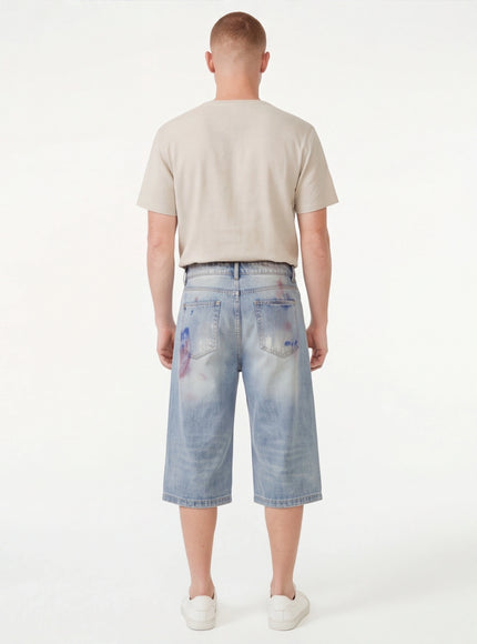 Model wearing Light Blue denim capri pants wide by Grozavu