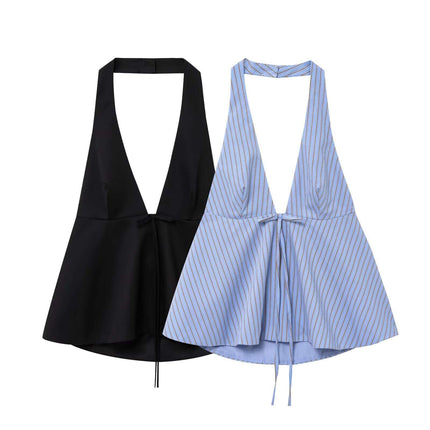 Backless Bow Tie Hanging Neck Tank Top in black and striped blue, stylish summer fashion for women.