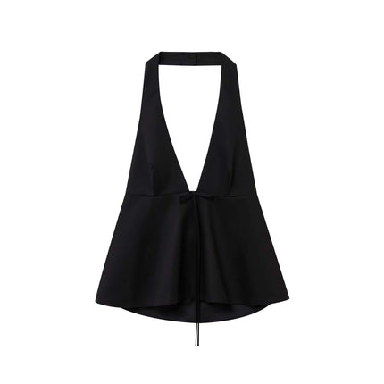Backless Bow Tie Hanging Neck Tank Top in black, featuring a plunging neckline and playful bow tie design.