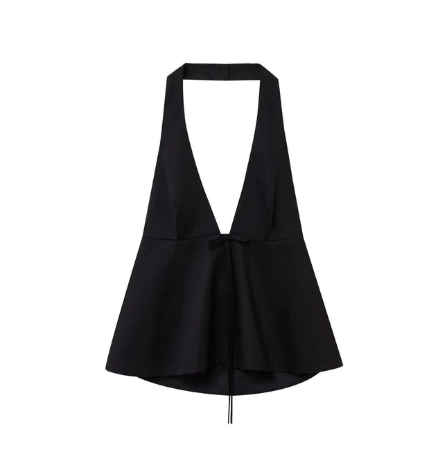Backless Bow Tie Hanging Neck Tank Top in black, featuring a plunging neckline and playful bow tie design.