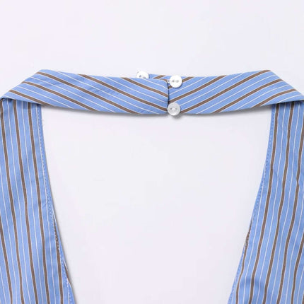 Backless Bow Tie Hanging Neck Tank Top showing the unique bow tie collar detail in striped fabric.