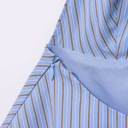 Backless Bow Tie Hanging Neck Tank Top showing blue striped fabric detail.