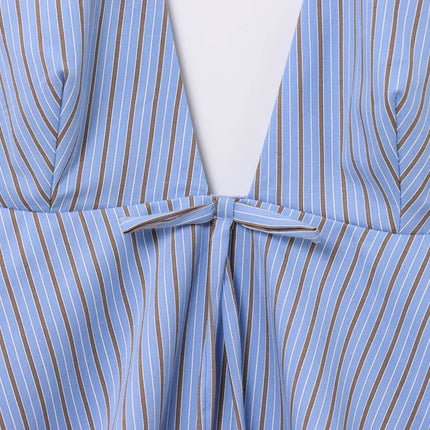 Backless Bow Tie Hanging Neck Tank Top in blue and white striped design featuring a stylish bow tie detail.