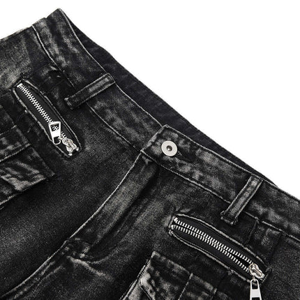 Belted Distressed Cargo Jeans featuring zipper pockets and a sleek black denim design for a modern street style.