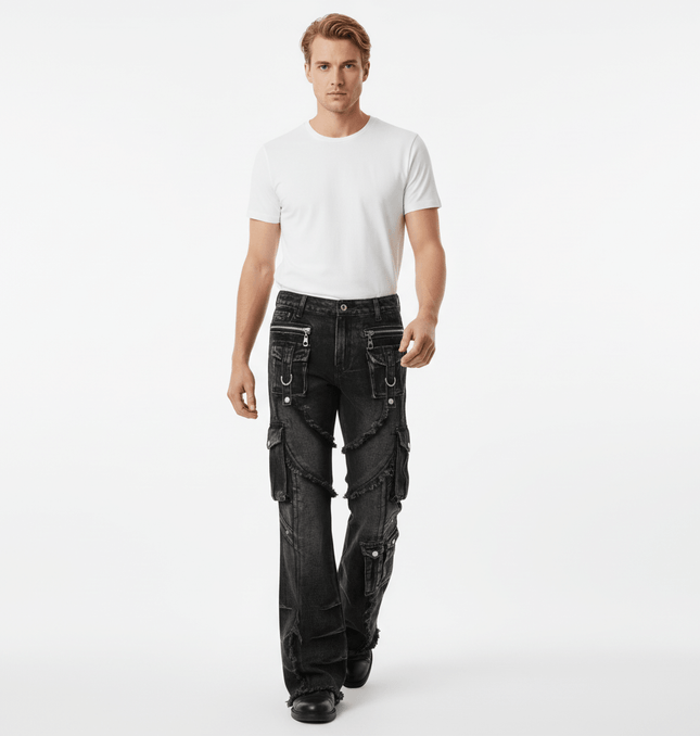 Man wearing Belted Distressed Cargo Jeans with a white t-shirt, showcasing trendy street fashion style.