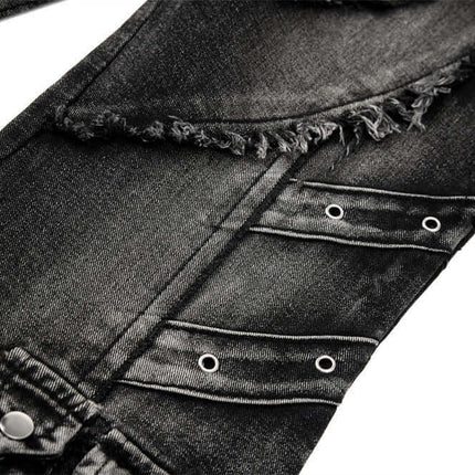 Belted Distressed Cargo Jeans featuring raw hem detailing and patchwork splicing for a bold street fashion look.