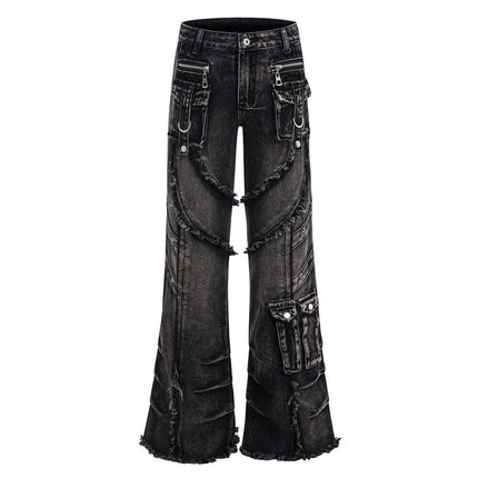 Belted Distressed Cargo Jeans featuring a unique flared design, distressed detailing, and cargo pockets for bold street fashion.