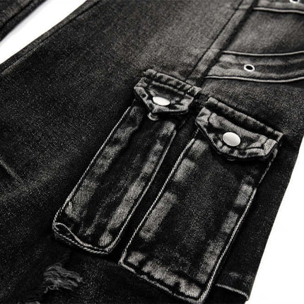Belted Distressed Cargo Jeans close-up of the cargo pocket detailing and heavyweight washed denim fabric.