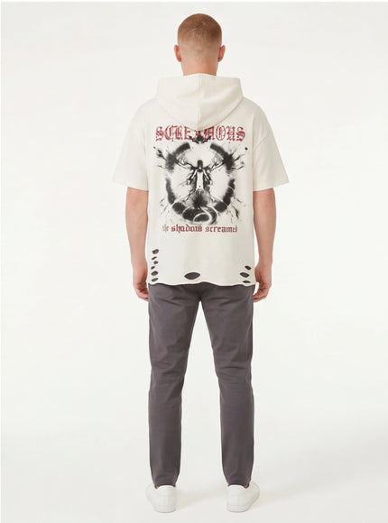 Model wearing Black dark print distressed hooded top by Grozavu