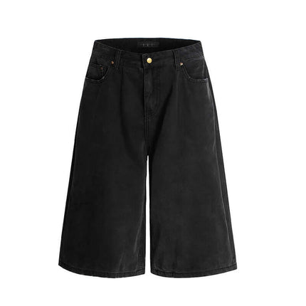 Elastic Waist Denim Shorts – Straight Fit in black with a half-elastic waistband and a relaxed fit.