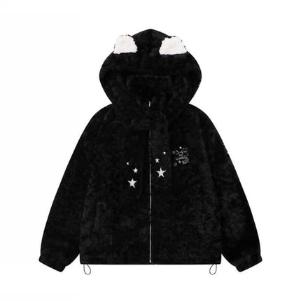 Hooded Lamb Wool Cotton Winter Coat in black with fluffy hood and star details for cozy winter style.