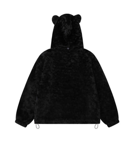Hooded Lamb Wool Cotton Winter Coat in black, featuring bear ears and a cozy fuzzy texture.