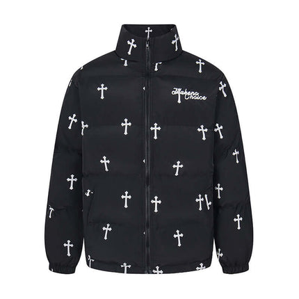 Print Stand Collar Cotton Puffer Jacket featuring a bold cross print design and structured silhouette for women.